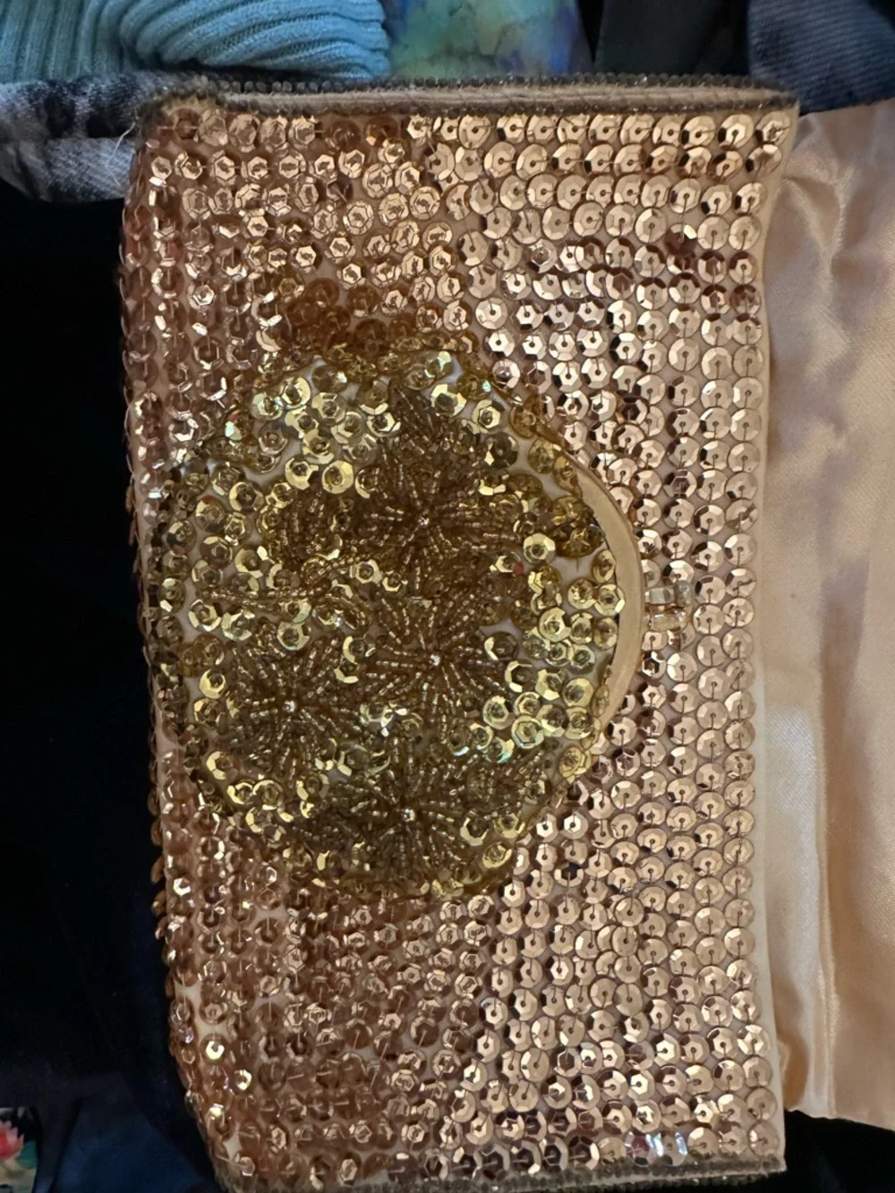 Vintage 80’s/90’s Gold Sequin Clutch with Round Coin Purse Set- Gold